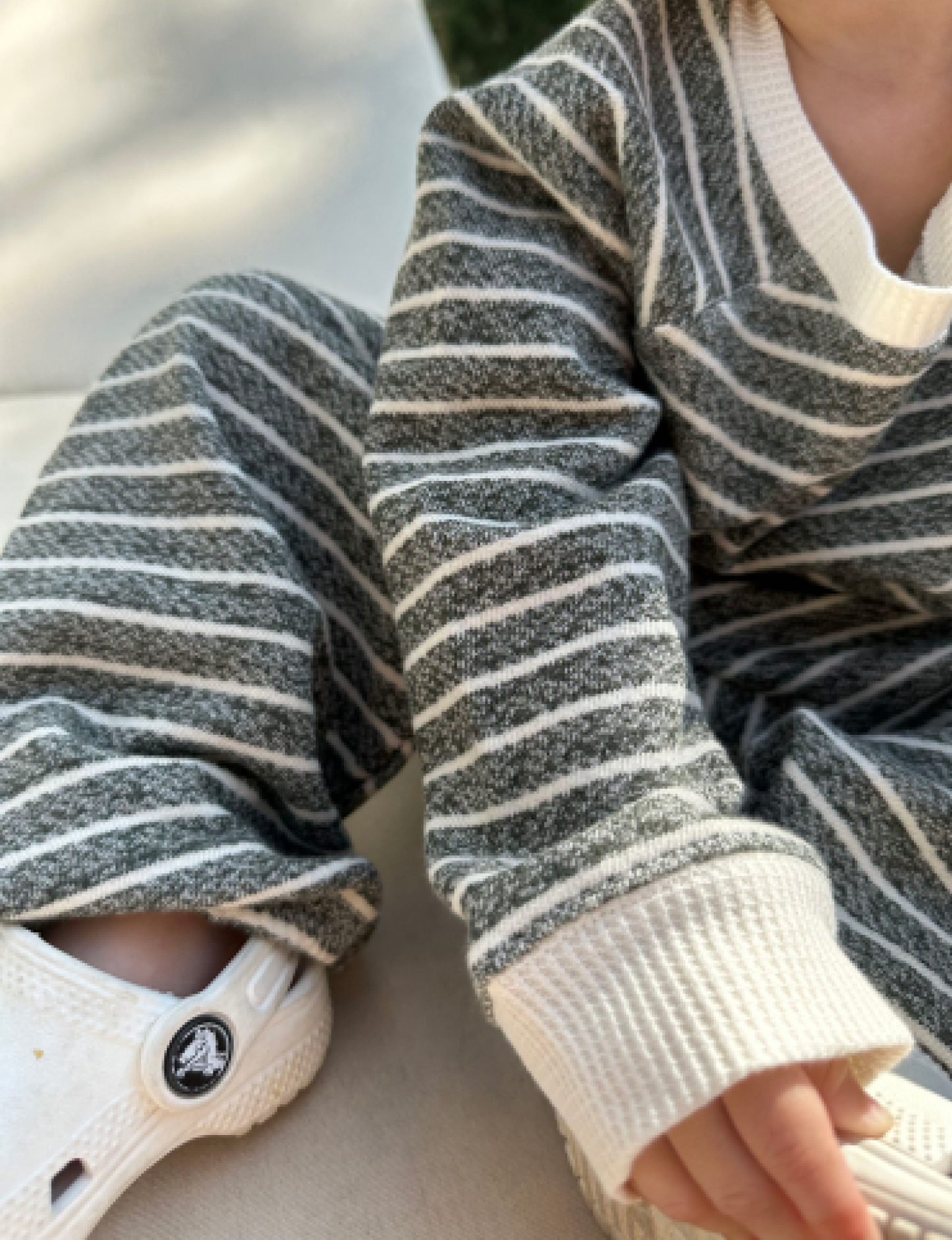 baby green and white striped sweat set made from scrap fabric