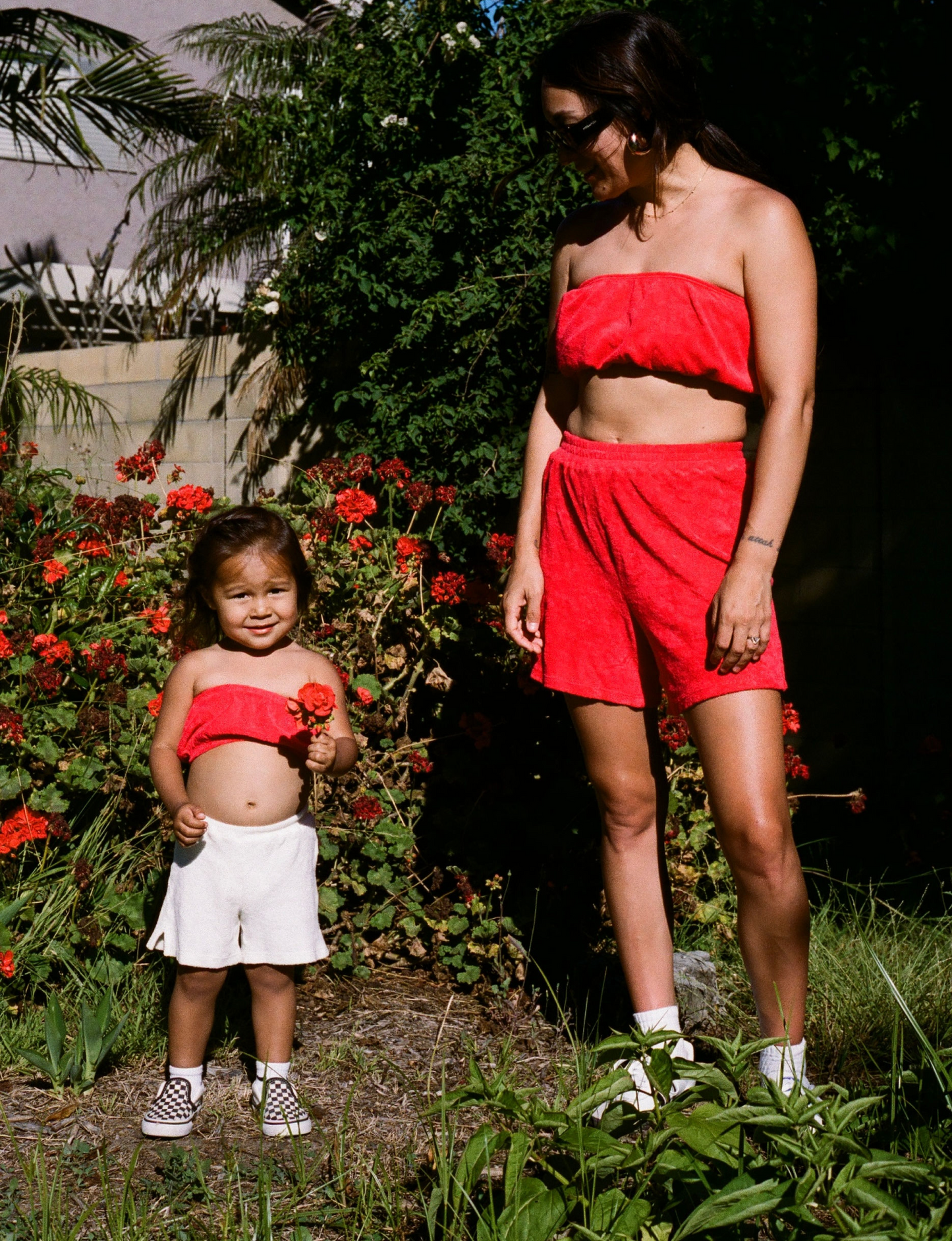 textured matching baby and adult terry sets in raspberry red shot on film