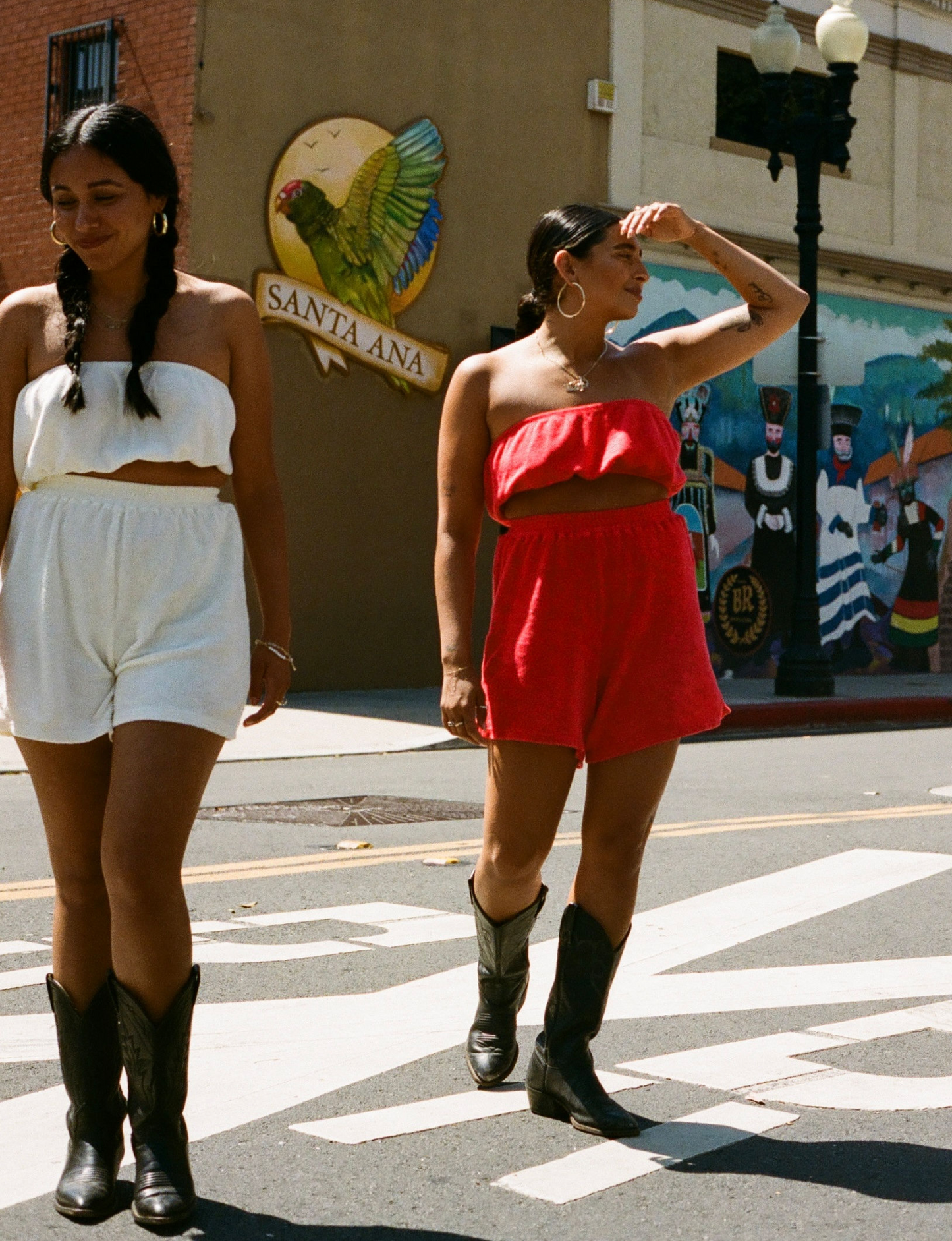 styled on film in the streets of LA with cowboy boots in the terry tube top and short in organic textured terry cloth