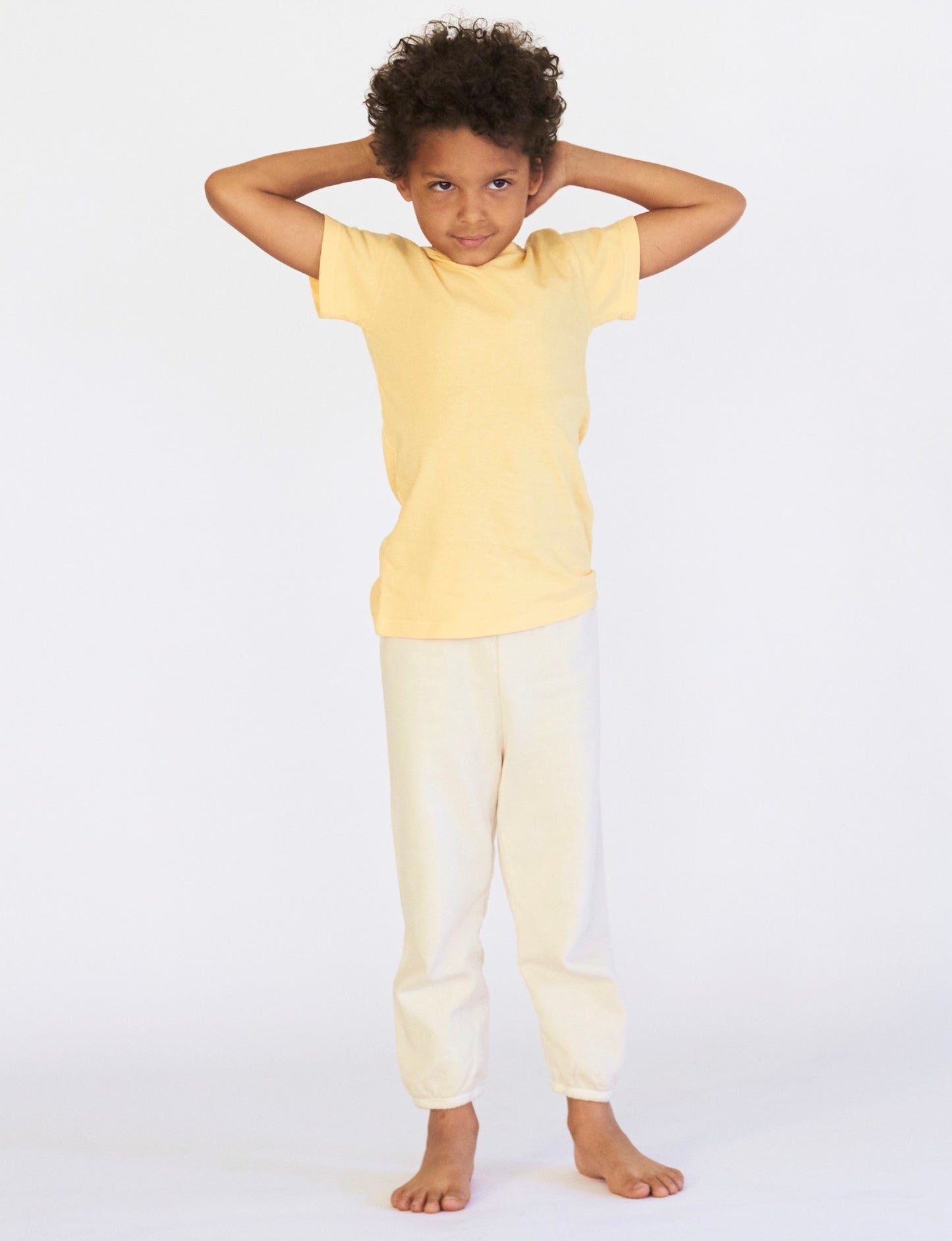the bestselling organic lil' classic tee shirt styled with the classic sweatpant in butter yellow