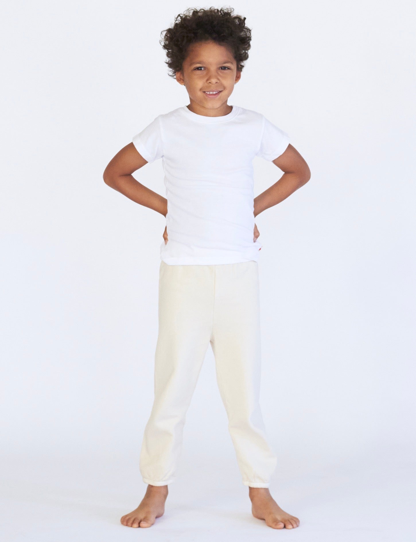the bestselling organic lil' classic tee shirt in cloud white styled with the lil' classic sweatpant
