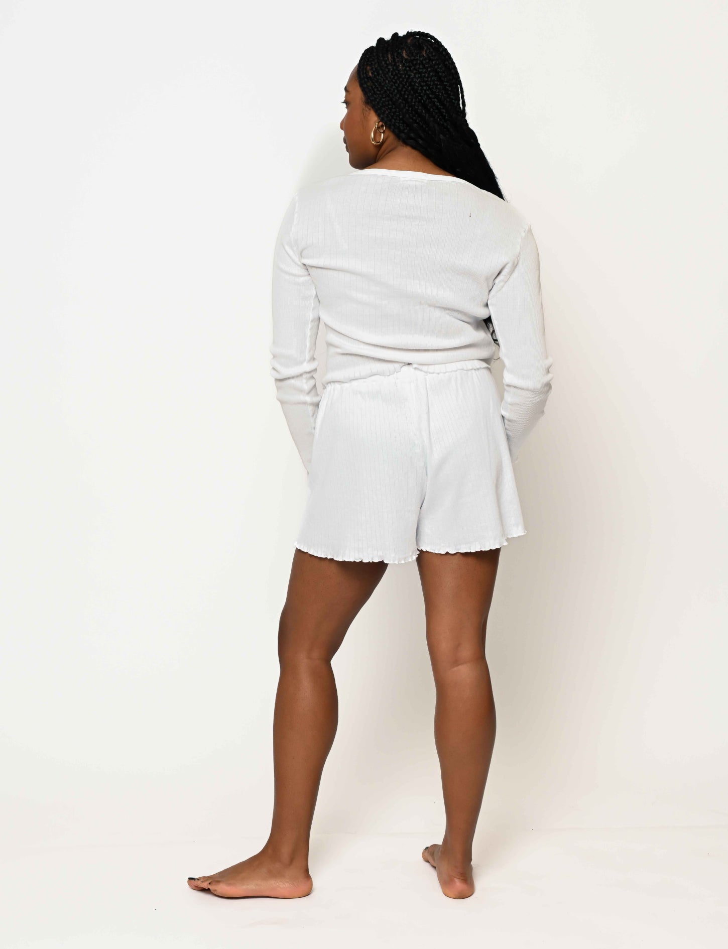 full body styled pointelle set featuring a long sleeve and short in cloud white