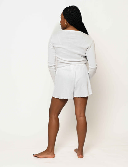 full body styled pointelle set featuring a long sleeve and short in cloud white