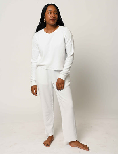 full body organic thermal set with long sleeve and wide leg pant with pockets in cloud white